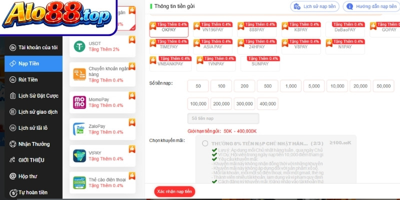 Chọn phương thức nạp tiền Alo88
