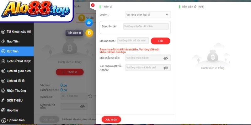 Rút tiền Alo88 qua ví điện tử